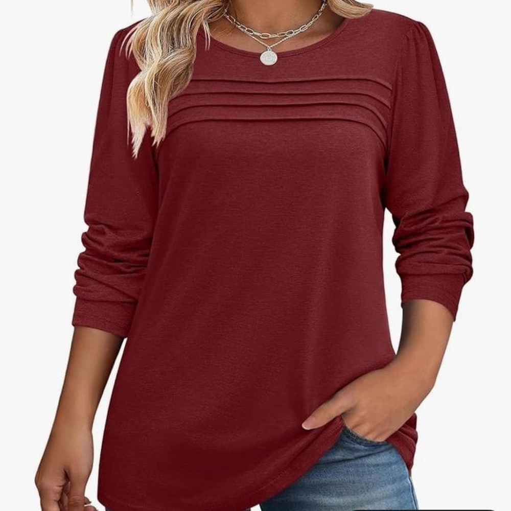 Long Sleeve Top for Women Fall Crewneck Shirt Pleated Casual Dressy Blouse